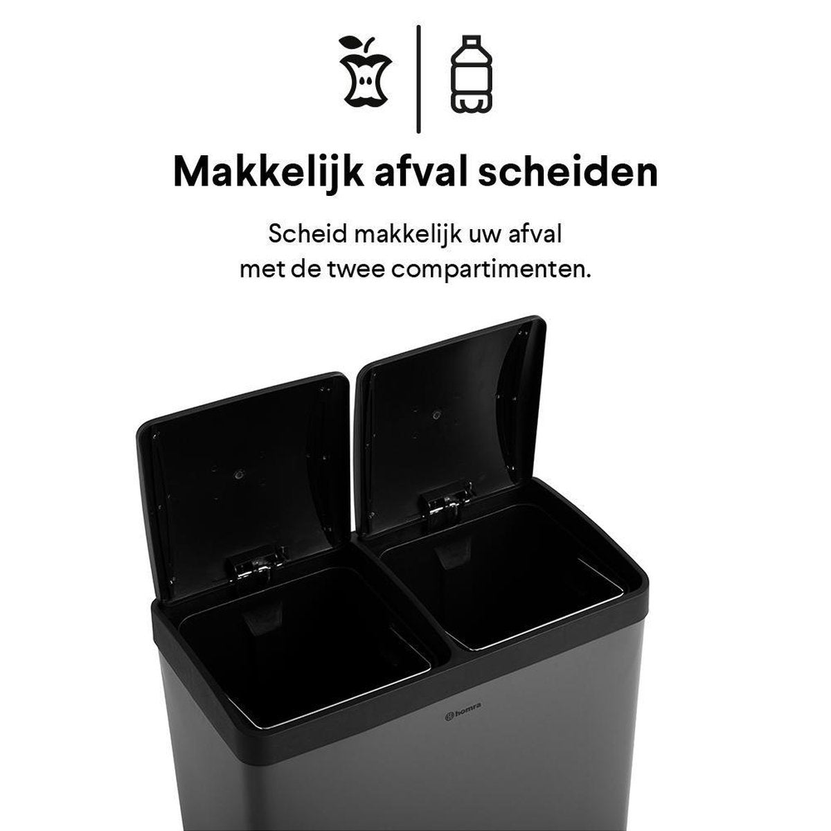 Homra NEVIQ Abfalltrennbehälter mit 2 Fächern - 2 x 30 L Fassungsvermögen - Duo-Tret-Abfalleimer Grau - 2-Fach-Abfalleimer 60 L - Hochwertiger Edelstahl - Tret-Abfalleimer - Hygienische Abfalltrennung - Duo-Mülleimer Grau