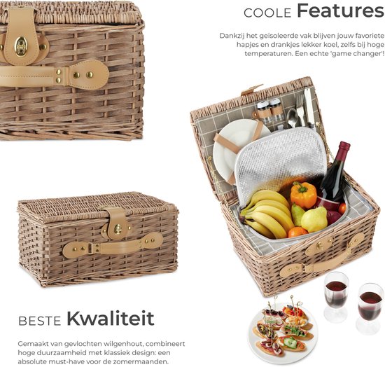 tectake - komplettes Picknickkorb-Set Ameland - Luxuriöses 13-teiliges Picknick-Set für 2 - Picknickkorb aus Weidengeflecht - Inklusive Kühlbox, Set mit Tellern, Kunststoff-Weingläsern und Edelstahl-Besteck