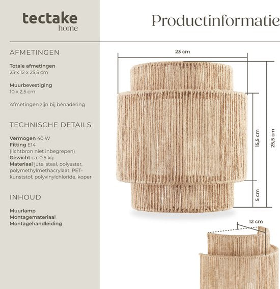 tectake® Wandleuchte Lignea Lux - 40W - 12 x 23 x 25,5 cm - E14 - Wandleuchte für Wohnzimmer, Schlafzimmer, Esszimmer - Boho Style Burlap Lamp - Treppenhausbeleuchtung - halbrund