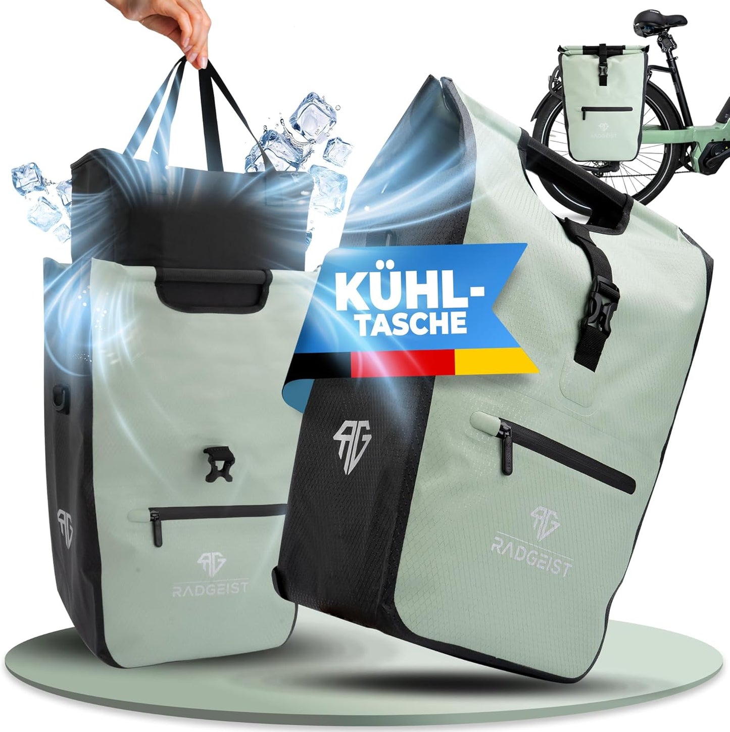 RADGEIST Fahrradtasche für Gepäckträger - Mit herausnehmbarer Kühltasche - 22-28 Liter - Grün