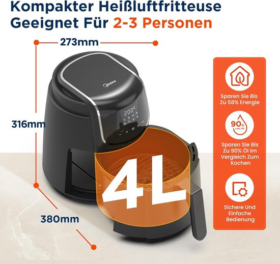 Midea MF-CN35C2 – Digitale Heißluftfritteuse – 8-in-1-Funktionen – 3,5 l Fassungsvermögen