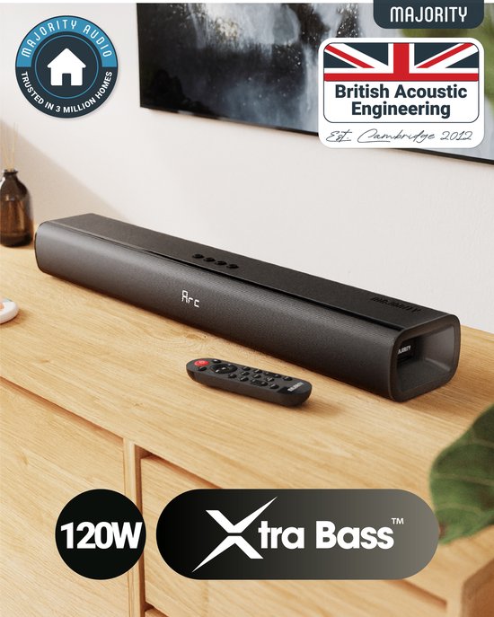 Majority Naga 60 Soundbar für TV - Inklusive Soundbar-Halterung - Mit eingebautem Subwoofer - Bluetooth 5.0, HDMI ARC, optischer und AUX-Anschluss - 2.1 Surround Sound - Fernbedienung - schwarz