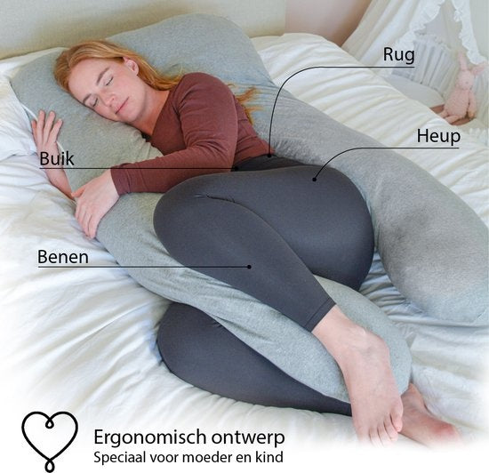 EL Life Umstandskissen XXL - U-Shape - Stillkissen - Seide - Abnehmbarer Jersey-Baumwollbezug - 140x80cm - Hellgrau