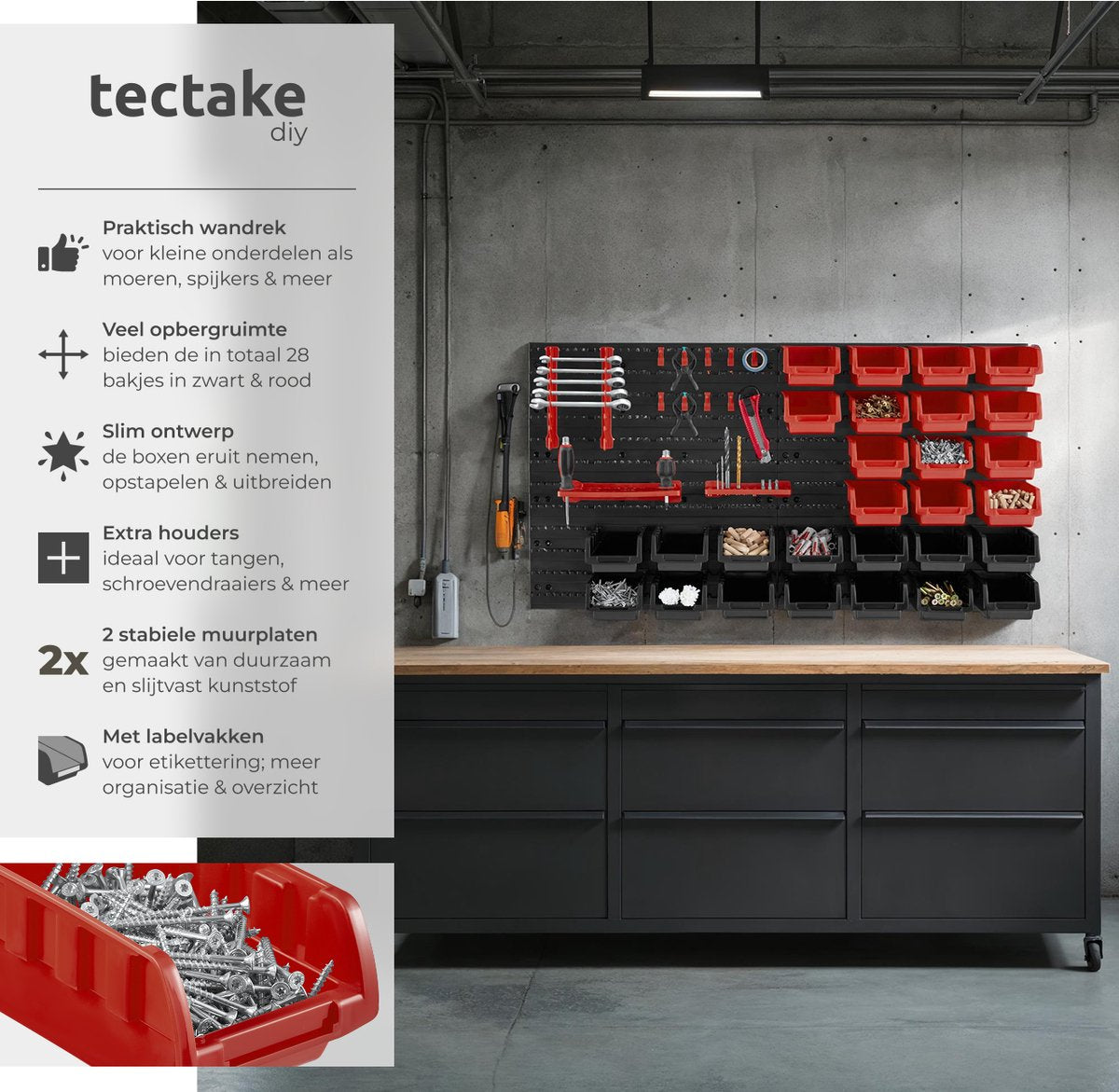 tectake Werkstatt-Werkzeugwand - 96x17x54 cm - Schwarz/Rot - 28 Aufbewahrungskästen & Wandhalterungen