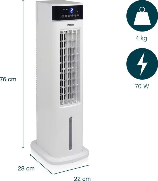 Princess Smart-Luftkühler mit App und Fernbedienung – Luftkühler ohne Schlauch – 3,5 l Wassertank – Oszillierender Ventilator mit Kühlfunktion – Mobiler Luftkühler für Schlafzimmer, Wohnzimmer, Büro – Weiß – Energieeffizient – Timer – 358640