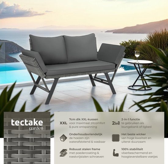 tectake® 2-in-1 Geflecht-Gartenbank Sintra - Verstellbare Handläufe - Gartenset - Liege - Balkon-Lounge-Bank - Inkl. Kissen - Outdoor-Lounge-Sofa - UV- und witterungsbeständige Sonnenliege - Grau