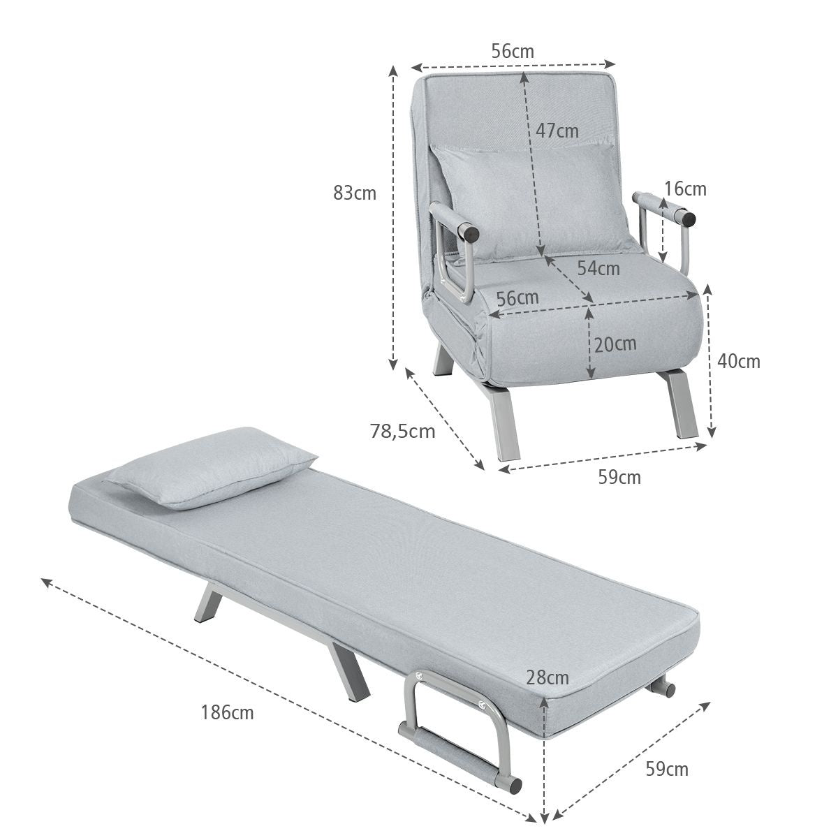 Coast Cabrio Schlafsofa Klappsessel Besinbedbank Schlafsofa 5-Position Liegestuhl Hellgrau