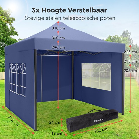 LifeGoods Partyzelt - Pavillon - EasyUp - faltbar - 4 Seitenwände - wasserdicht - mit Tragetasche mit Rädern - 3x3 Meter - Dunkelblau