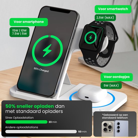 Strex 3-in-1 Wireless Charger - Ladestation - 15W Schnellladegerät - faltbar - geeignet für iOS & Android, Apple Watch, AirPods und Wireless Earphones - Weiß