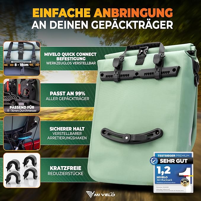 MIVELO Pannier - 3-in-1-Rucksack & Umhängetasche - Wasserdicht - 20 Liter - Mint
