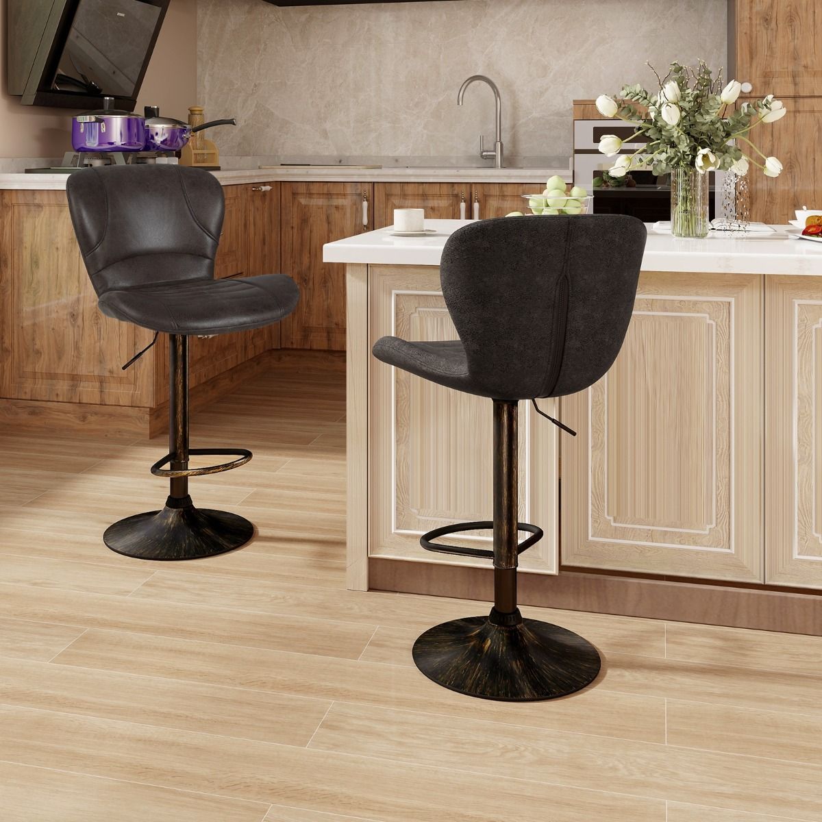 Coast Barhocker, 2er-Set – höhenverstellbar 61–81 cm – drehbar, mit Rückenlehne und Fußstütze – braun