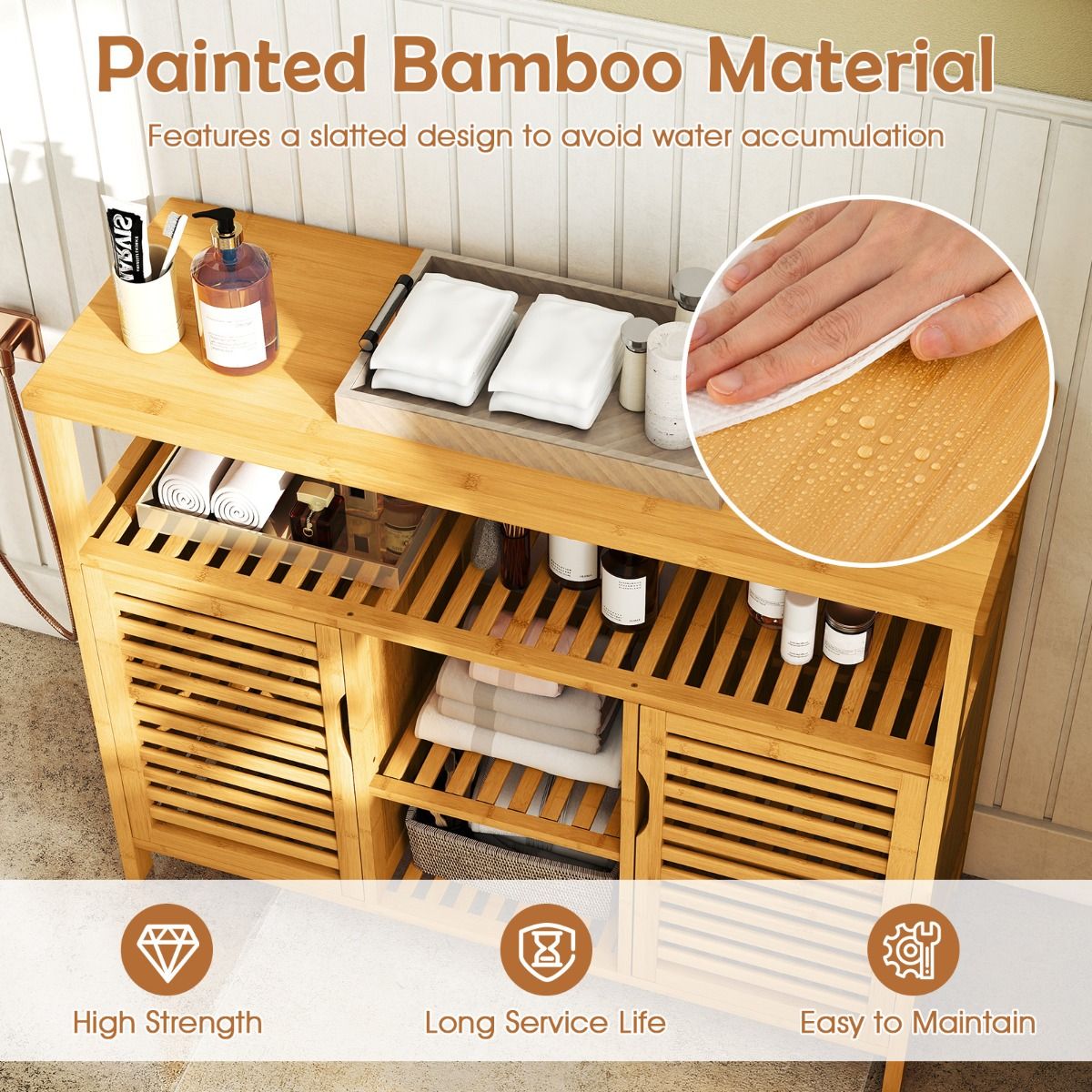 Coast Bambus-Badezimmerschrank – 2 Türen – offene Regalböden – natur – 100 x 35 x 80 cm
