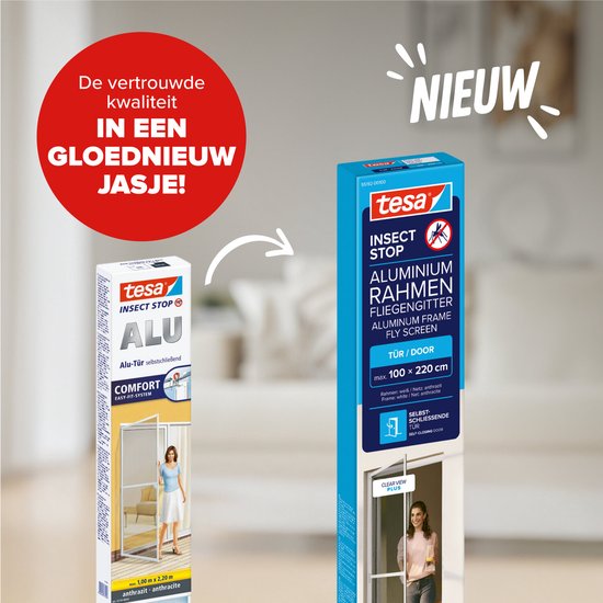 tesa INSECT STOP Aluminium-Fliegengitter für Türrahmen – Fliegengitter mit Aluminiumrahmen, klare Sicht, anthrazit – 100 x 220 cm