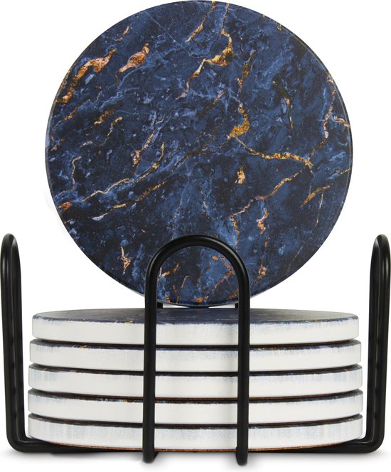 Castagnola Keramik Untersetzer mit Halter - Untersetzer für Gläser - Untersetzer Design - Untersetzer Set - Untersetzer zum Trinken - Keramik - Kork - 6er Set - Blau/Gold