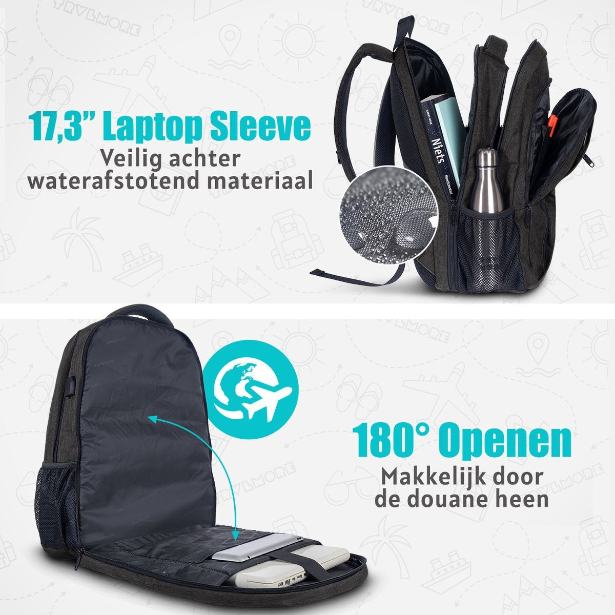 TRVLMORE Rucksack - 36L - 17.3 Zoll - Laptop-Rucksack - Schultasche - Unisex - Spritzwassergeschützt Anthrazit