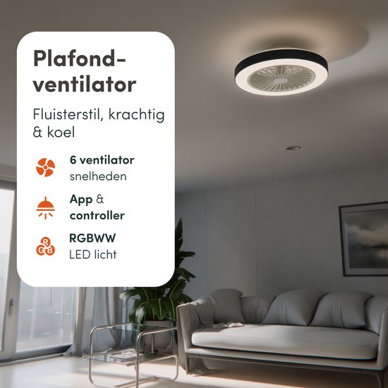 Deckenventilator mit Beleuchtung – Deckenventilator mit Lampe – Deckenleuchte – LED RGBW – Tuya WLAN Smart – Fernbedienung – ⌀ 50 cm – Schwarz