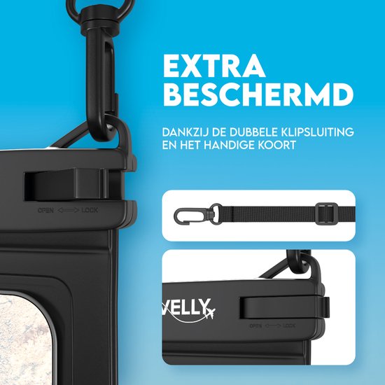 Travelly® Wasserdichte Handytasche mit extra Staufach - Universelle Unterwassertasche für Smartphone - Geeignet für alle Handys - Drybag - Für Urlaub, Schwimmen & Wassersport - Schwarz