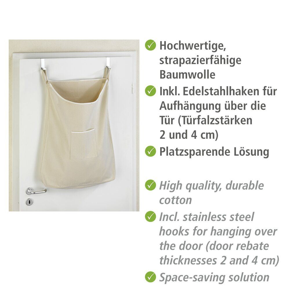 WENKO Canguro Türwaschkorb Beige – 65 l – Baumwolle – mit Edelstahlhaken