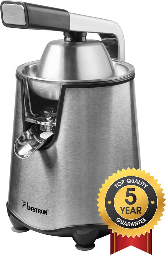 Bestron Elektrische Zitruspresse – ACJ600SS – 200 W – inkl. 2 Presskegeln, Fruchtfleischfilter, Tropfstopp, Presshebel – Silber – 5 Jahre Garantie