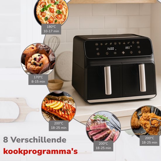 alpina Doppel-Airfryer XXL – Heißluftfritteuse 2x4 l – Airfryer mit digitalem Touchscreen – Heißluftofen für 6 Personen und mehr – 8 Kochprogramme – Sync-Modus – Timer-Funktion