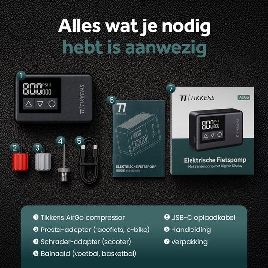 Tikkens® AirGo Elektrische Fahrradpumpe XS – Mini-Luftkompressor – 118 Gramm – Tragbar – Digitalanzeige – Rennrad – Gravelbike – Sportfahrrad – Citybike – Mountainbike – Roller – Fatbike – Über USB-C aufladbar – Presta/Schrader/Dunlop