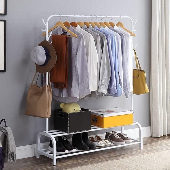 Avalo Industrial Clothes Rack - Metall - 110x33x150 CM - Weiß - Lagerung für Schuhe - Garderobe Rack mit Haken
