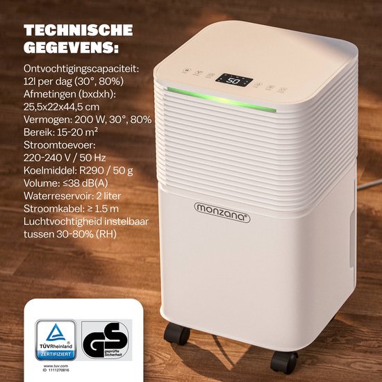 Monzana Luftentfeuchter - 12L/Tag Leise <38 dB 200W 20m² Räder - Weiß