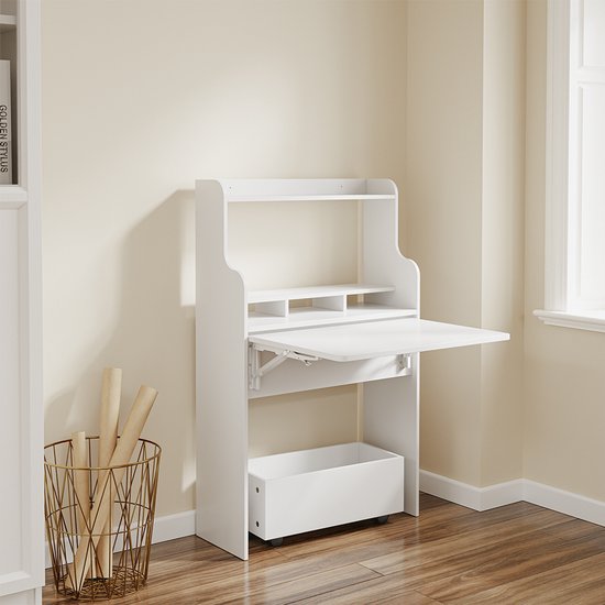 SoBuy Wandklapptisch FWT105-II-W – Multifunktionaler, platzsparender Klapptisch mit Rollen – Zusammenklappbarer Schreibtisch mit Schublade und Ablagen – Weiß