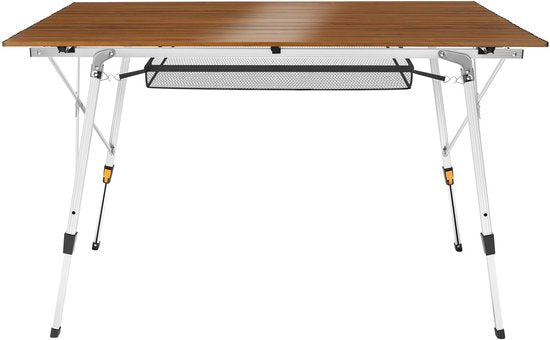 tectake® Campingtisch – 120 x 70,5 x 58–79 cm - Klapptisch aus Aluminium - Aufrollbare XXL-Tischplatte - Klapptisch - Reisetisch - Gartentisch - Wetterfest - Höhenverstellbar - Tragetasche - Zusammenklappbar - Holzoptik