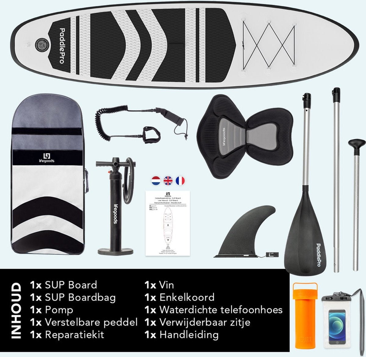 LifeGoods SUP Board - mit Sitz - Aufblasbares Paddle Board - Komplettset - Max. 135KG - 320x81cm - Weiß/Schwarz