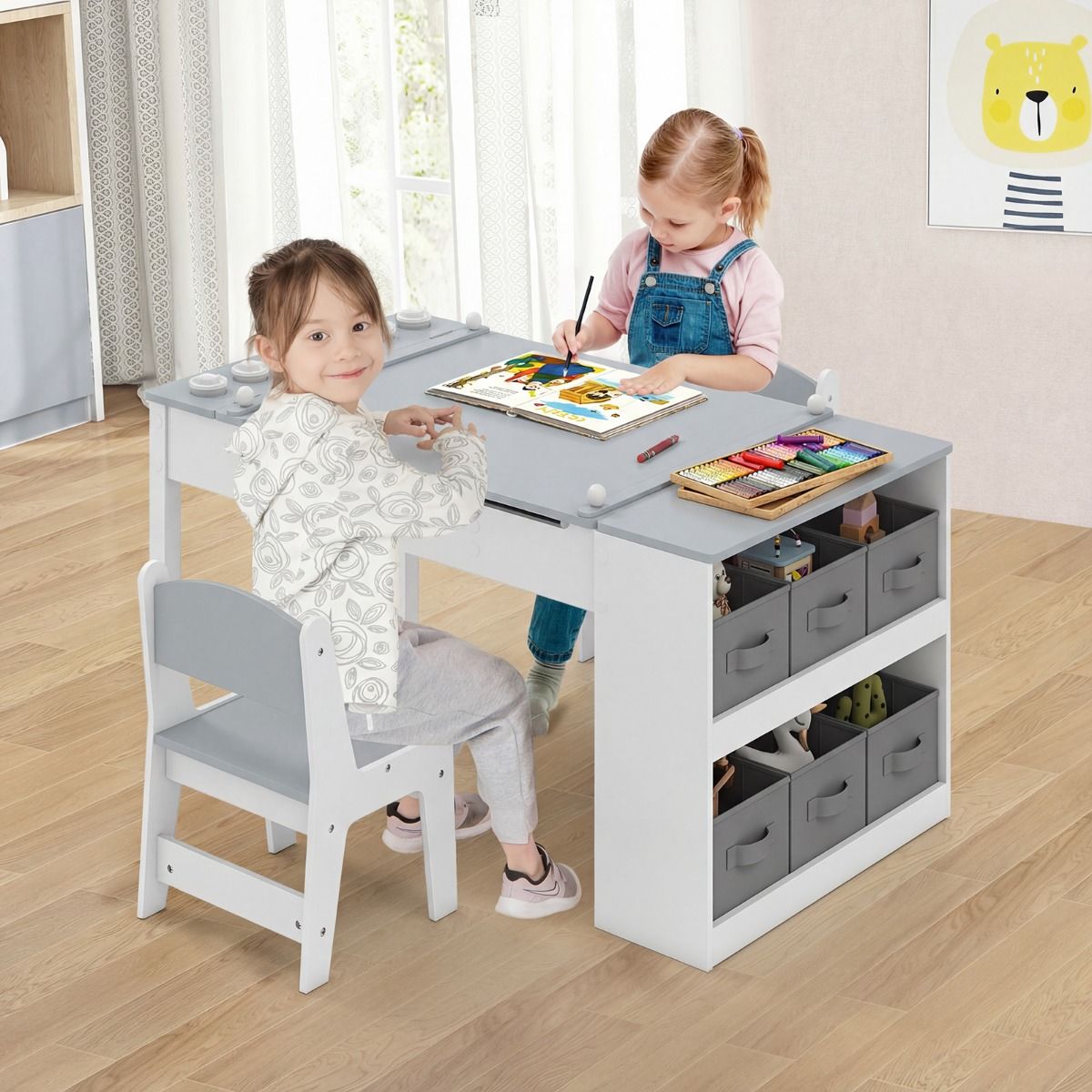 Coast Kinder-Tisch- und Stuhlset – 2-in-1-Zeichentisch mit Stauraum und Papierrolle – grau