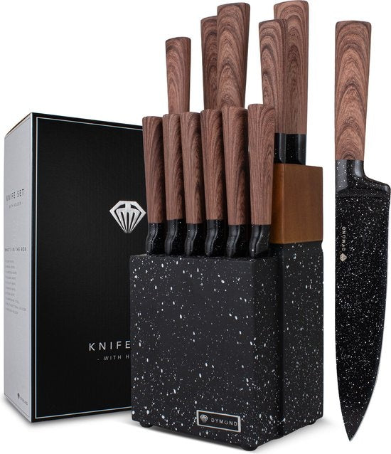 DymundÂ® Messerset mit Block - Kochmesserset inkl. Messerblock - (13-teilig) - Schwarz - Edelstahl