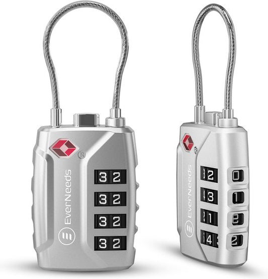 EverNeeds Kofferschloss - TSA-Schloss - 4-stelliges Vorhängeschloss - Zahlenschloss - Silber - 2 Stück
