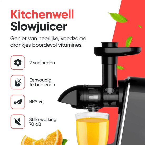 Kitchenwell Slowjuicer - 700ml - Entsafter mit Fruchtfleischbehälter - Gemüse- und Obstpresse - BPA frei - Schwarz