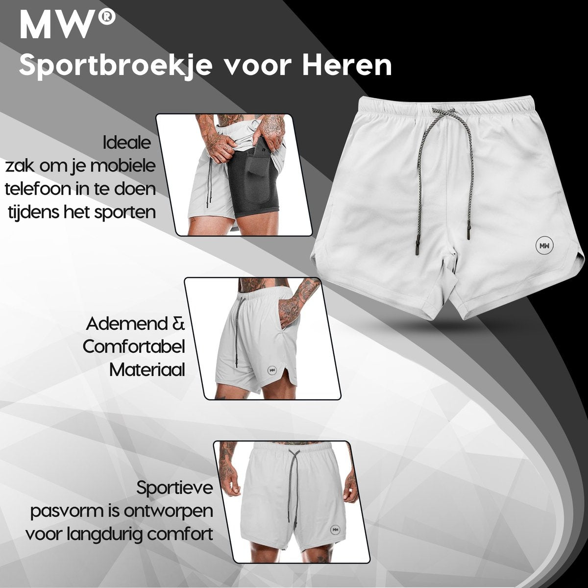 MWÂ¬Ã† - Sportbroek Heren - Fitnessbroek - Sportkleding - 2 in 1 Shorts - Hardloopbroek (Grijs - S)