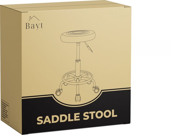 Bayt Sattelhocker - Sattelstuhl Rund - Barbierhocker - Sattelhocker auf Rollen - Tabouret - Höhenverstellbar - Schwarz