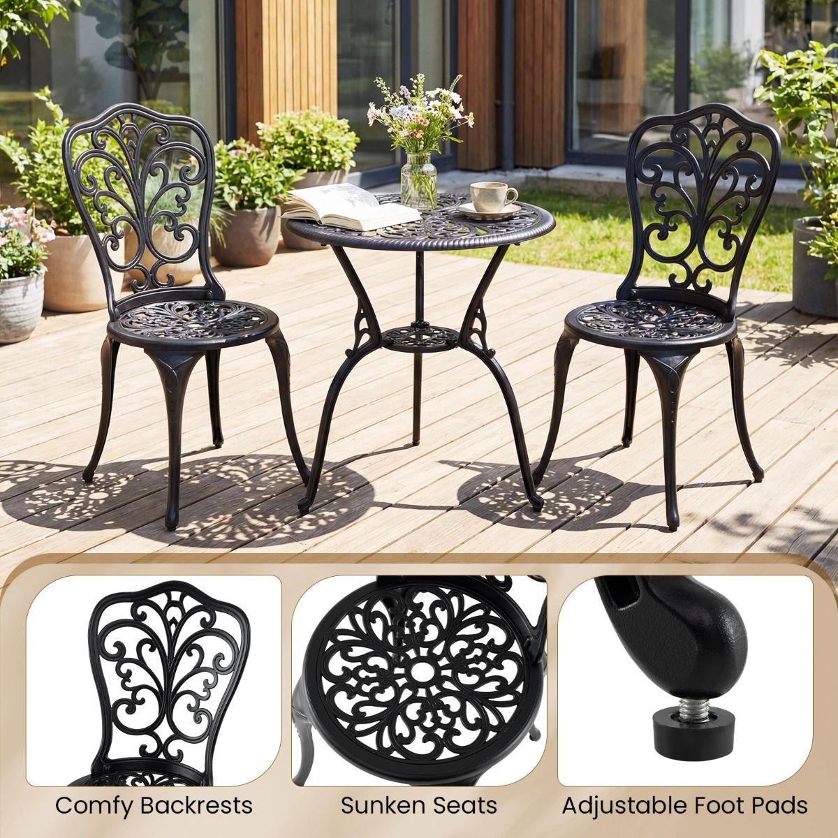 Coast 3-teiliges Bistro-Set – Aluminiumguss – Sonnenschirmloch – Rückenlehnen in Schmetterlingsform – schwarz