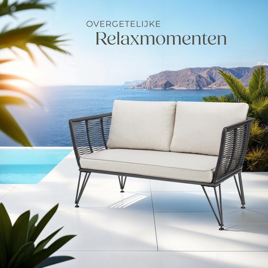 tectake® Wicker Lounge Bank - Kompakte Gartenbank mit dicken Polstern - Ideal für Balkon, Garten oder Terrasse - Stilvolle und bequeme Outdoor-Lounge-Bank - Seil-Design