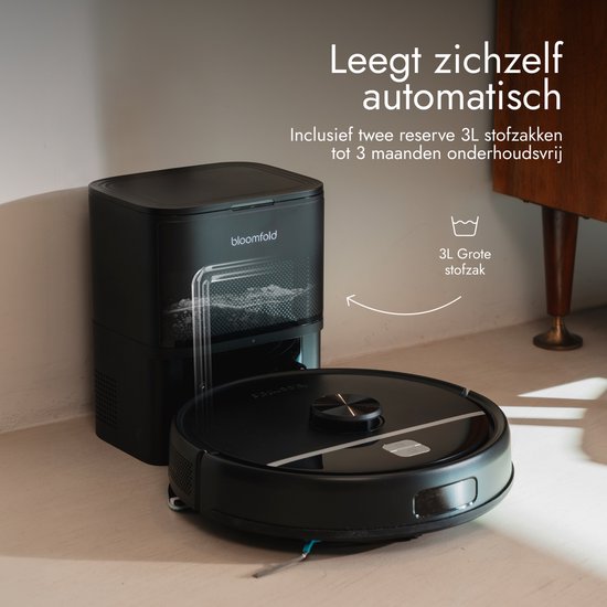 Bloomfold Roboterstaubsauger mit Wischfunktion und Entleerungsstation – 19.000 Pa Saugkraft – LiDAR-Navigation – 180 Minuten – Intelligenter KI-Roboterstaubsauger – Geeignet für Tierhaare