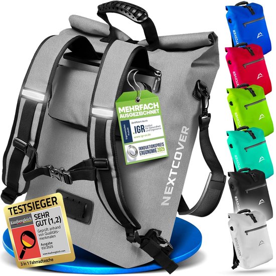 Nextcover 3in1 Gepäckträgertasche - wasserdichter Rucksack und Umhängetasche 25L - PVC frei