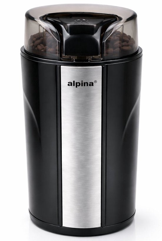 alpina Elektrische Kaffeemühle 200 W – Kaffeemühle für 70 g Kaffeebohnen – Kaffeemühle mit Edelstahlmessern – Mühle mit Sicherheitsverriegelung – Schwarz
