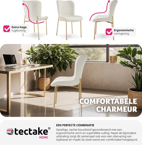 tectake - Polsterstuhl - Bouclé-Schalensitz für die Küche - Sessel für den Frisiertisch - Eleganter Ess- oder Wohnzimmersessel - weiß/gold - Div. Farben