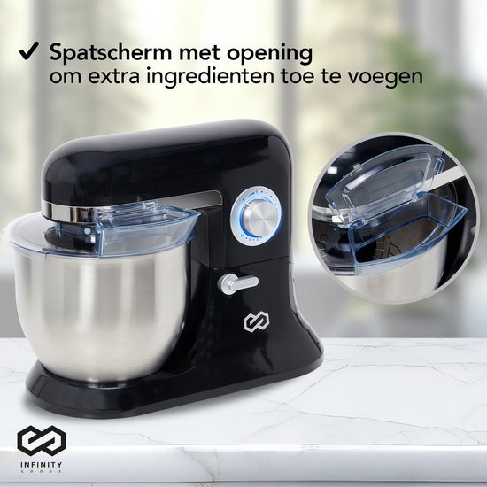 Infinity Goods Küchenmaschine - Küchenmixer - 6.5L Edelstahl-Mixbehälter - Küchenroboter - Küchenmaschine - Mit Zubehör - 1600W - Schwarz