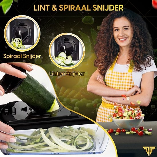 Toivo Kitchen Gemüsehobel - Multifunktional - Schwarz - 11 in 1 Küchenmandoline - Manuell - Küchenhobel - Zwiebelhobel - Spiralschneider - Chipsschneider - Reibe
