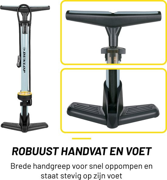 Dunlop Fahrradpumpe mit Manometer - Fahrradpumpe für Dunlop, Schrader und französische Ventile - Standpumpe inkl. Adapter für Wasserspielzeug und Bälle