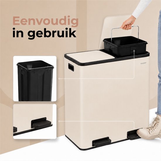 O'DADDY® Mülleimer – Abfallbehälter – Mülleimer 60 Liter – Tretmülleimer – Mülltonne – Mülleimer mit 2 Fächern - Mülleimer mit Mülltrennung – Abfallbehälter mit Mülltrennung – 2 Inneneimer – Soft-Close – Inklusive 15 Müllbeutel – Beige