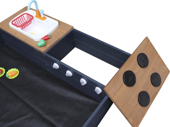 AXI Kelly Sandkasten mit Spielküche Anthrazit/Braun – Waschbecken inkl. 17-teiligem Zubehörset – Inklusive Abdeckplane und Bodenplane