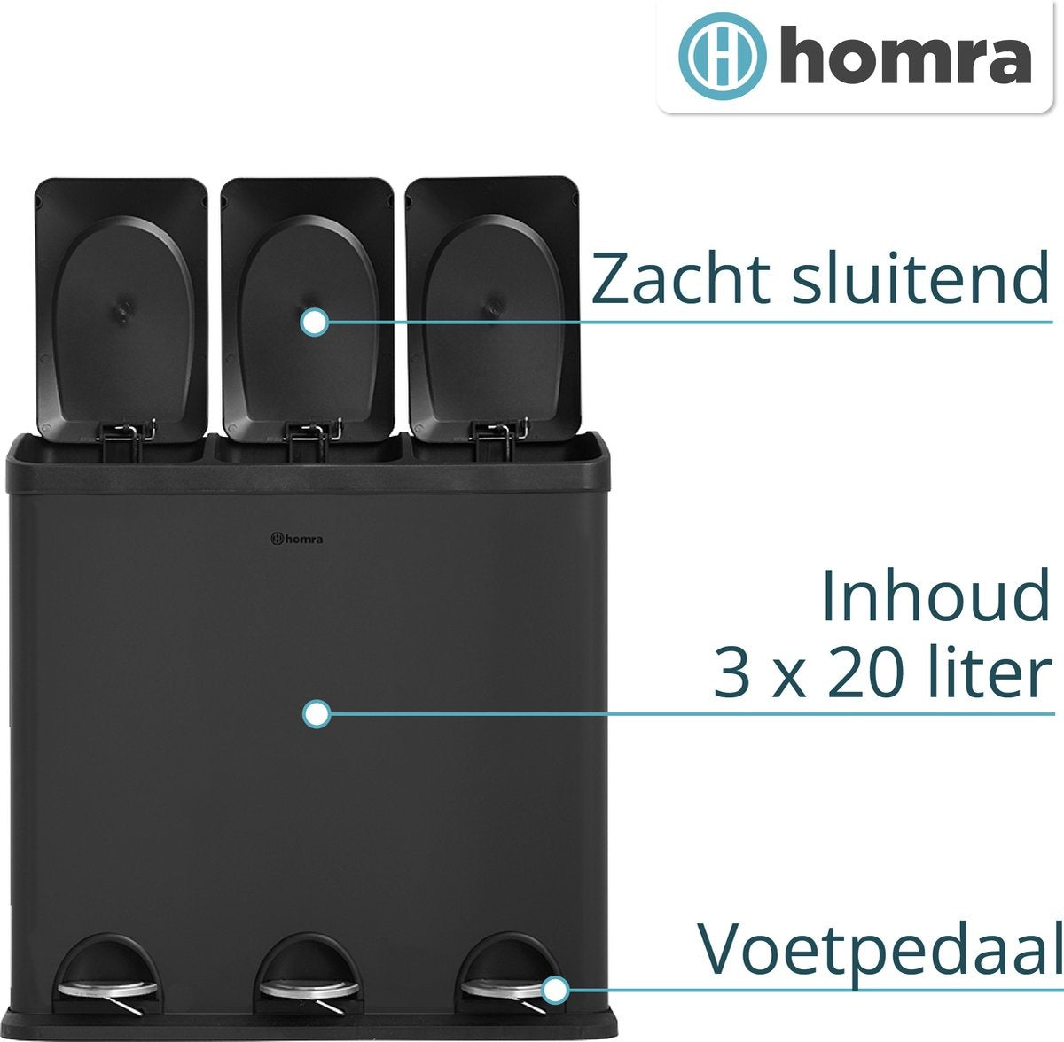 Homra MAXER Treteimer - Mülleimer 3 Fächer - Abfalleimer 60 Liter (3x 20L) - Trio-Eimer - Schwarz