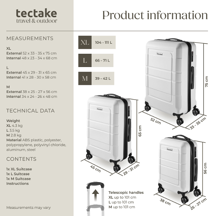 tectake Brice Kofferset, 3-teilig – L, M & S – ABS – 360°-Rollen – TSA-Schloss – Weiß