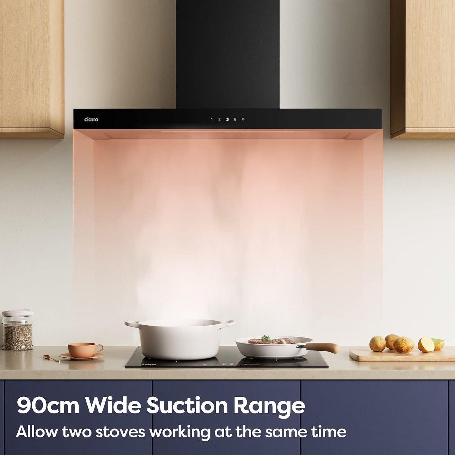 Ciarra CBCB9102 Dunstabzugshaube 90 cm – 650 m³/h – 4 Geschwindigkeitsstufen mit Booster – WLAN & Touch-Steuerung – Umluftbetrieb – Schwarz